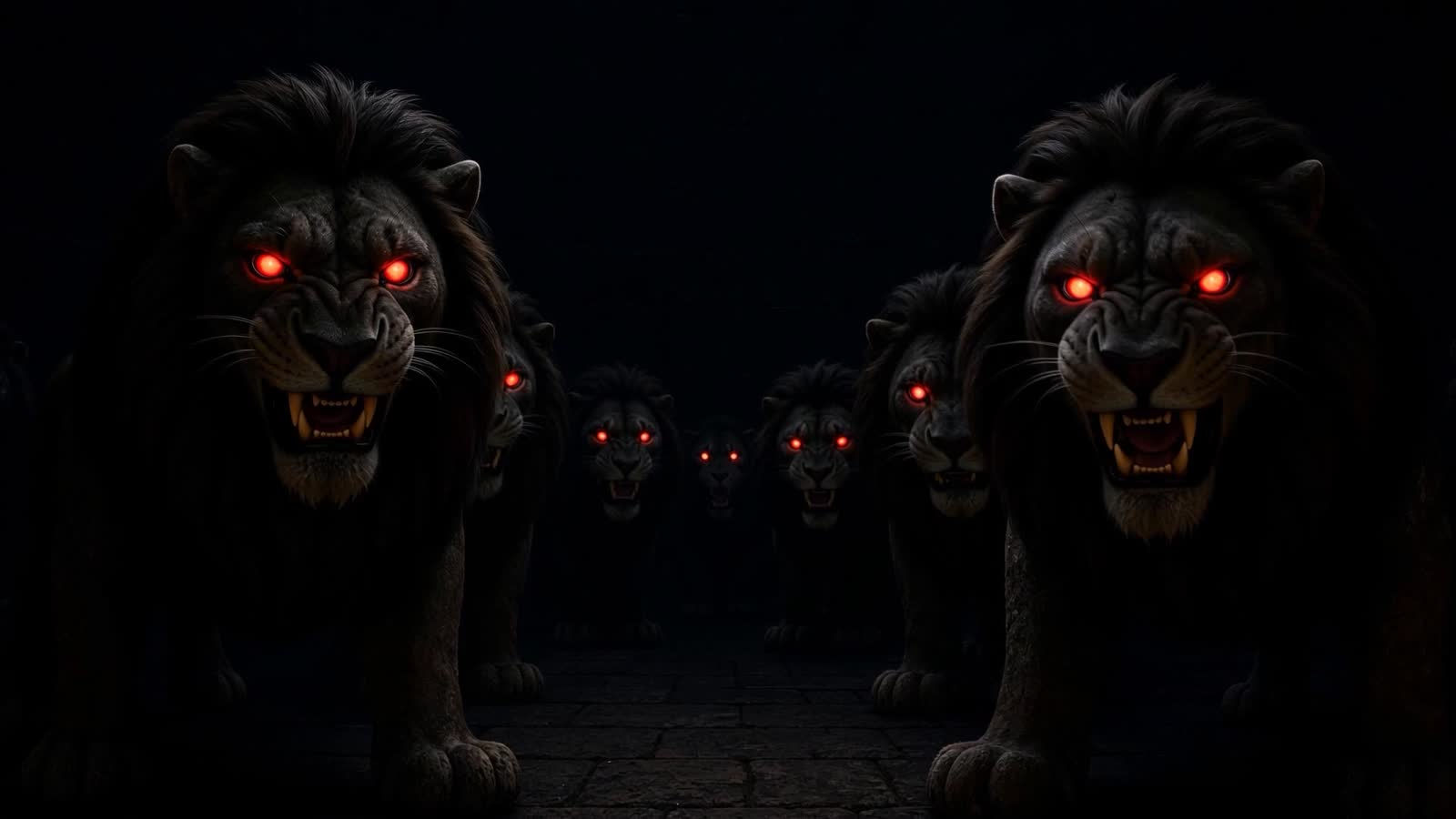 Lions with glowing eyes surrounding Daniel in the dark den