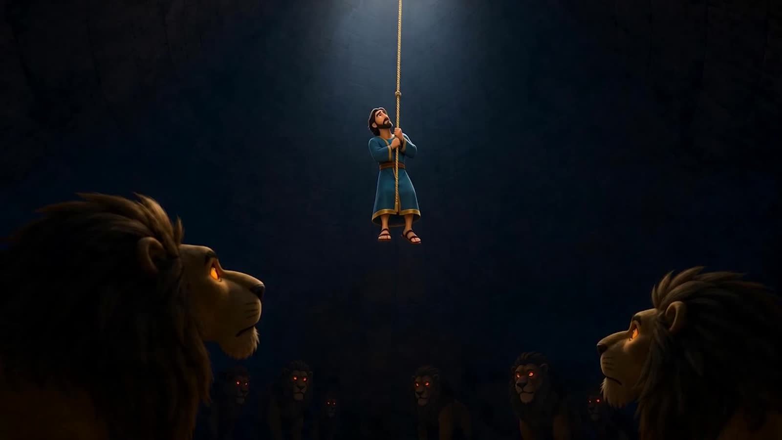 Daniel being lowered into the lions' den by rope