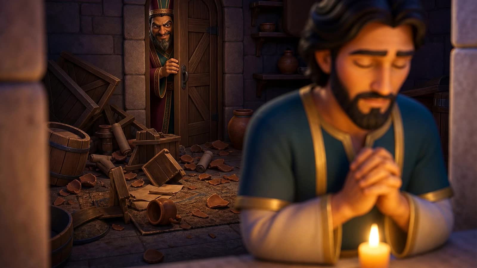 Final rendered frame: Daniel praying by candlelight while the Jealous Leader watches from the doorway