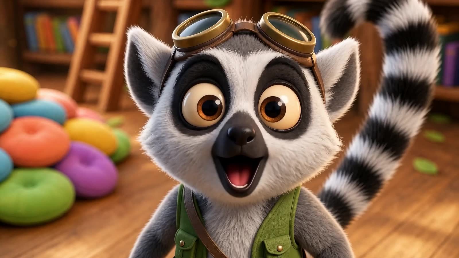 Zippy the lemur, the show's host, smiling in his treehouse library